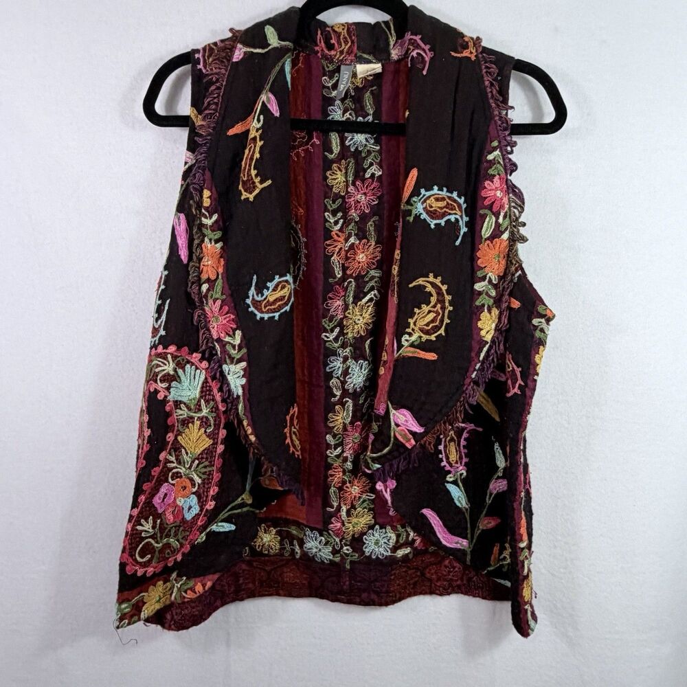 ANU 100% Wool Artsy Art to Wear Colorful Embroidered Boho Woven Vest Women's L